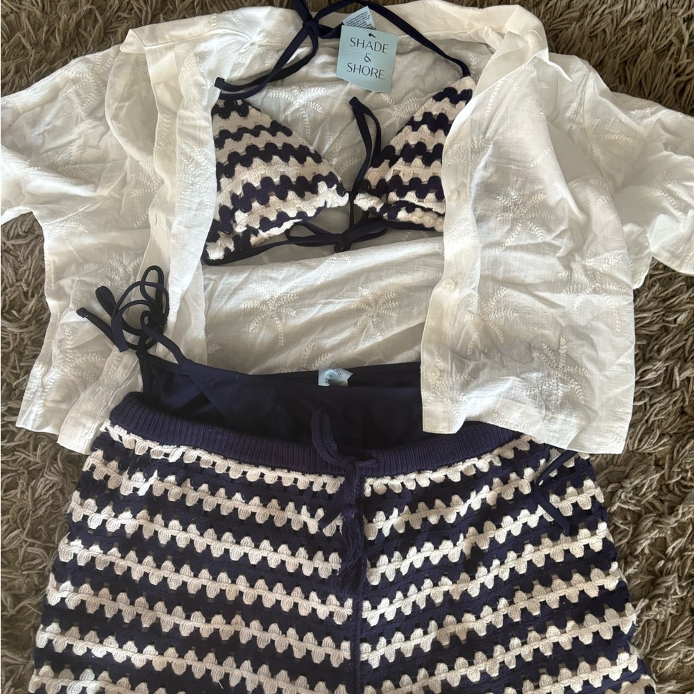 Shade & Shore Navy and Cream Crochet Bikini with Cover-Up